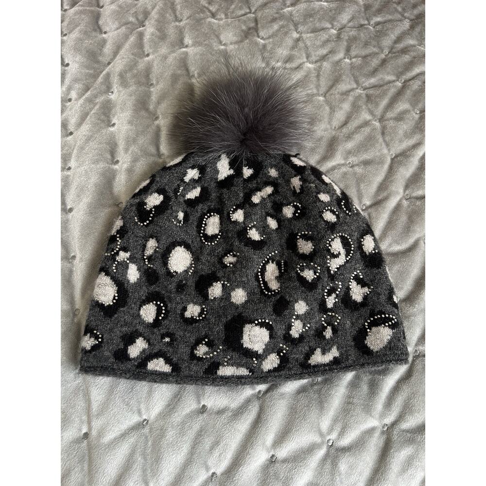Mitchie's Wool Fur Pom Embellished Gray Beanie Hat One Size